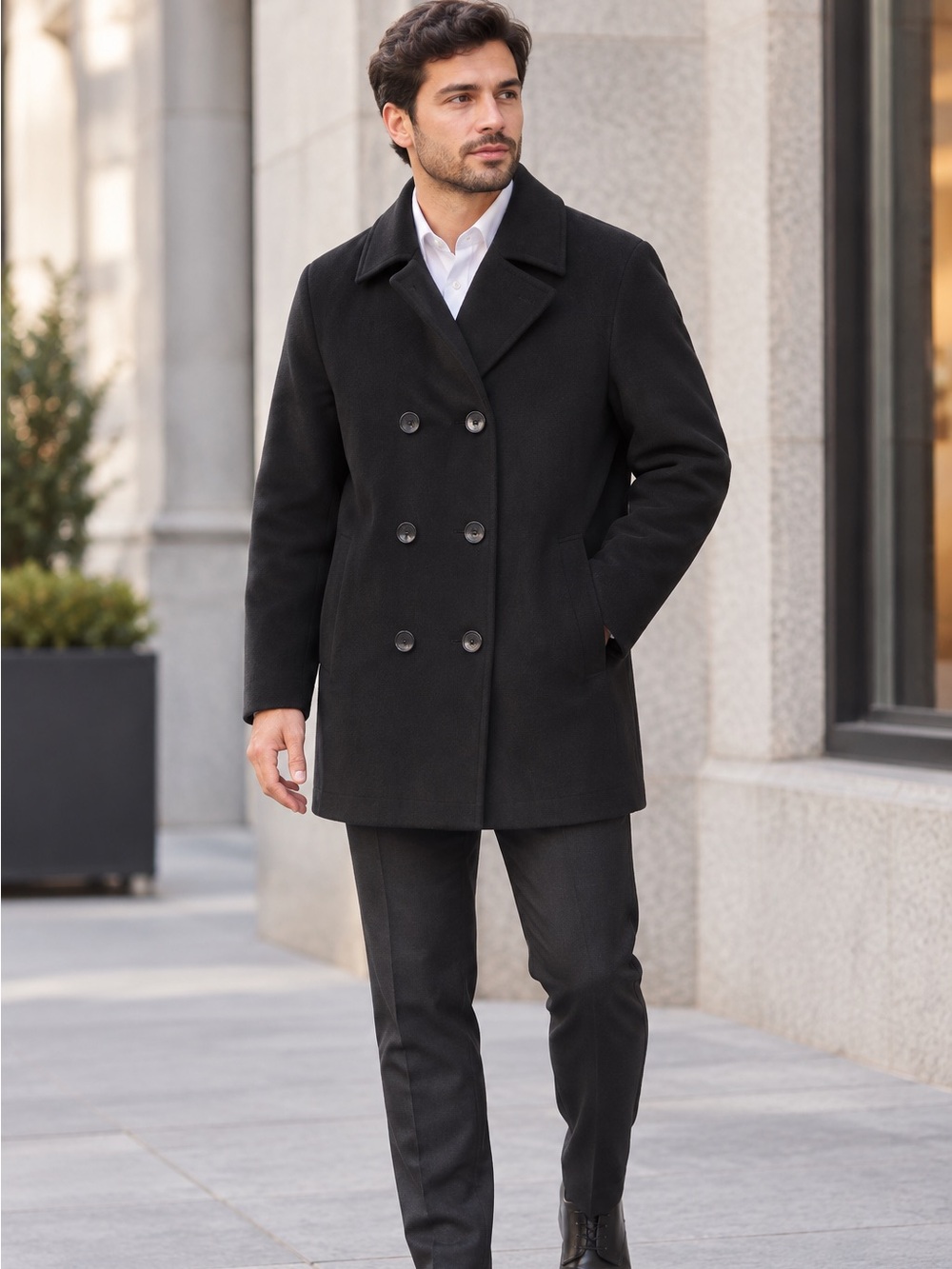 London Fog Men's Black Double-Breasted Wool Peacoat
